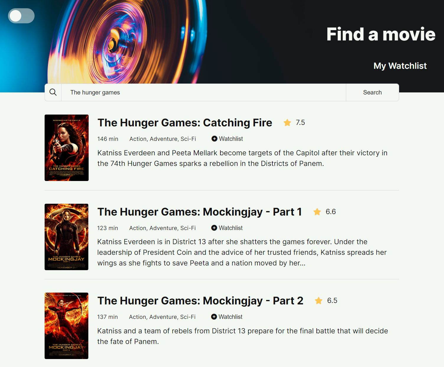 screenshot of movie watchlist light